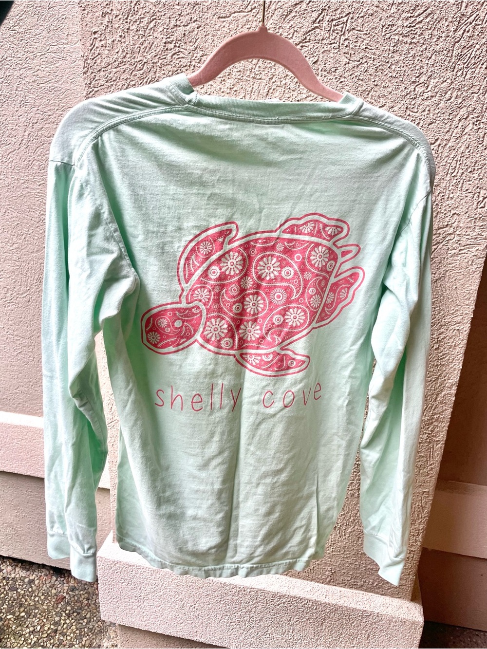 Comfort Colors Shelly Cove Mint Green Long-Sleeve Tee with Pink Turtle Graphic